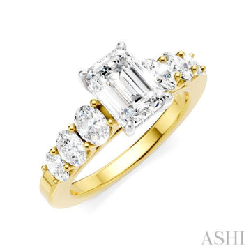 1 Ctw Emerald Shape Oval and Round Cut Diamond Semi-Mount Engagement Ring in 14K Yellow and White Gold